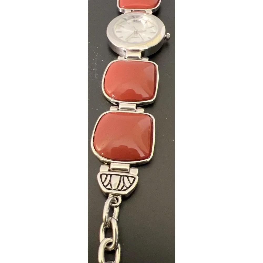 Silver Tone Chunky Bracelet Watch‎ Brick Red Burnt Orange